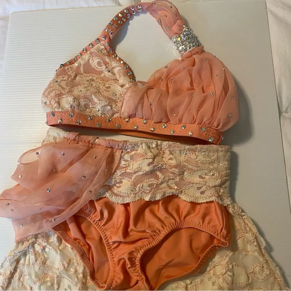 Custom made dance costume blush peach lace rhinestone 2 piece child IC/MC medium
